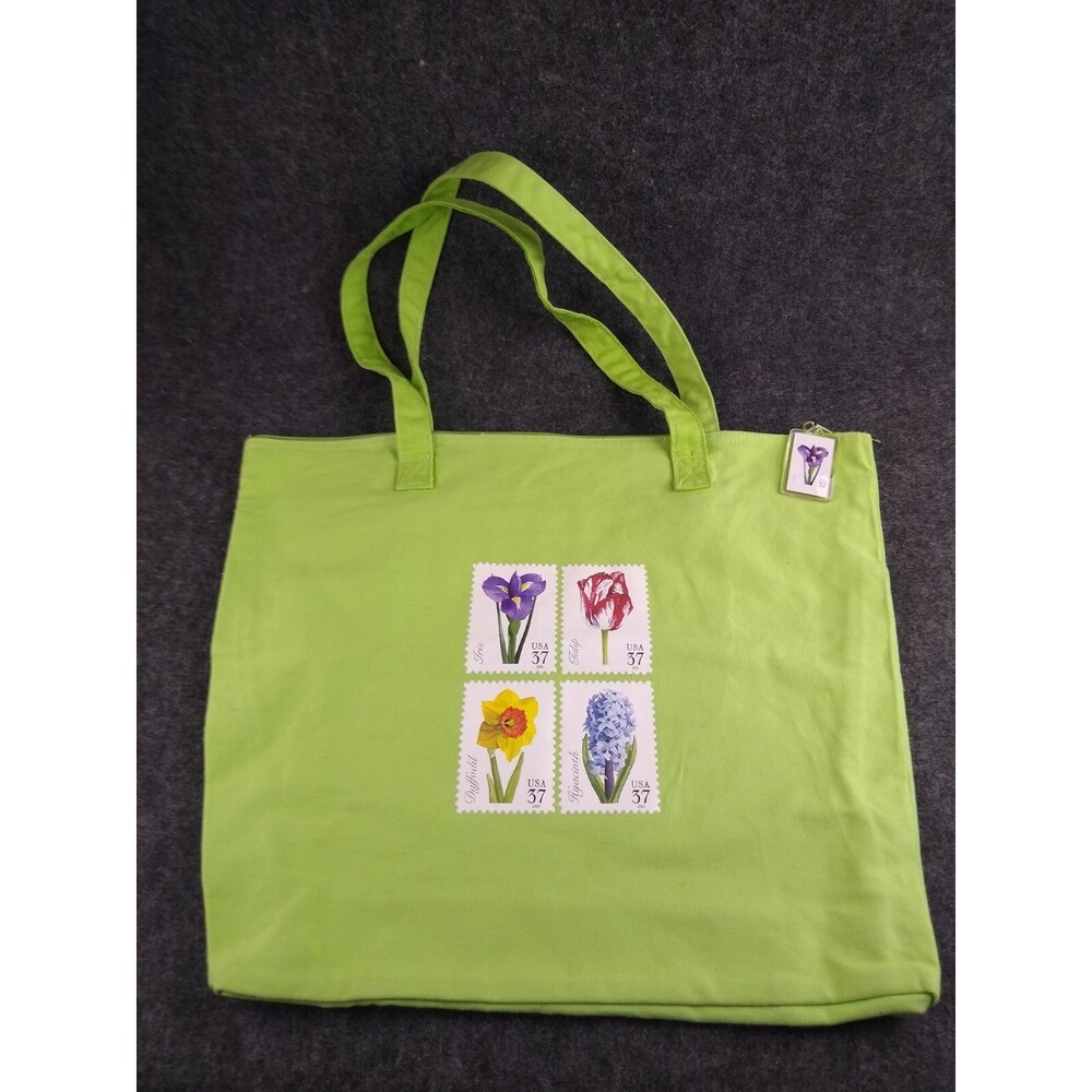 USPS Canvas Tote Bag Green w Spring Flowers Stamps Iris Tulip Hyacinth Daffodil